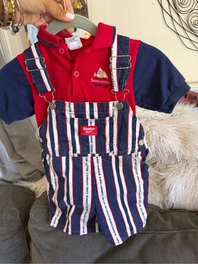 Vintage rare 90s OshKosh B'gosh Navy & Red Striped Kids Overalls set size 3/4t